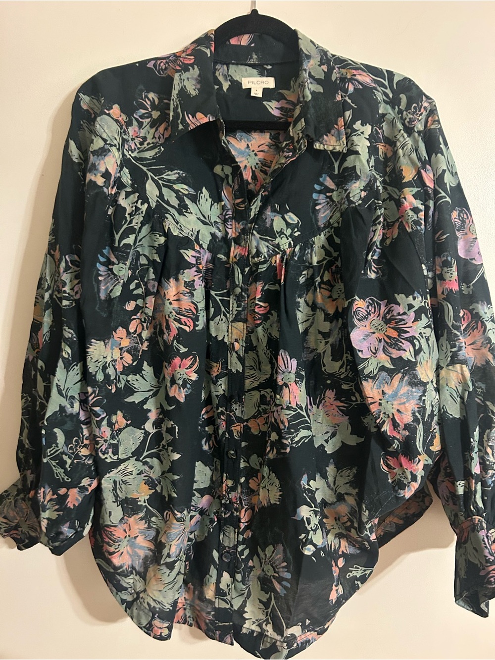 Pilcro Black Button-Down Shirt with Pastel Floral Print